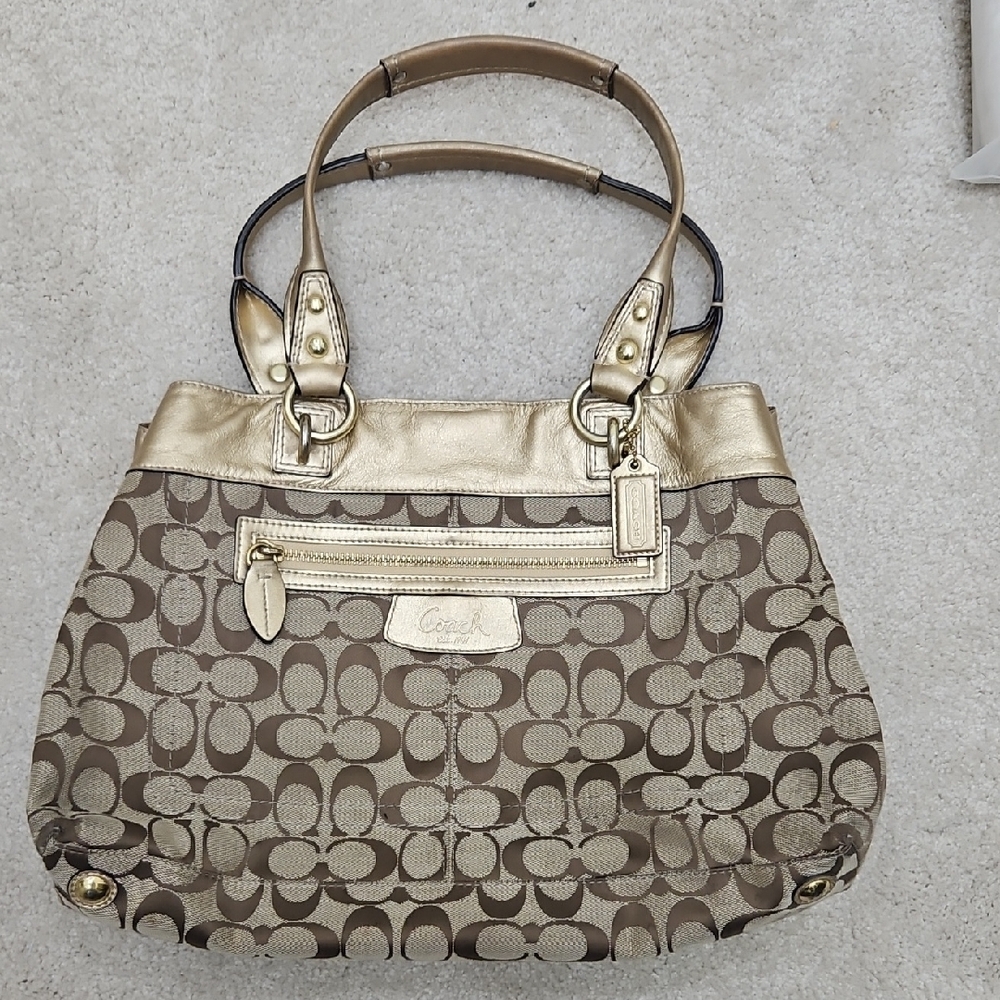Coach Brown and Gold Shoulder Bag with Signature Monogram